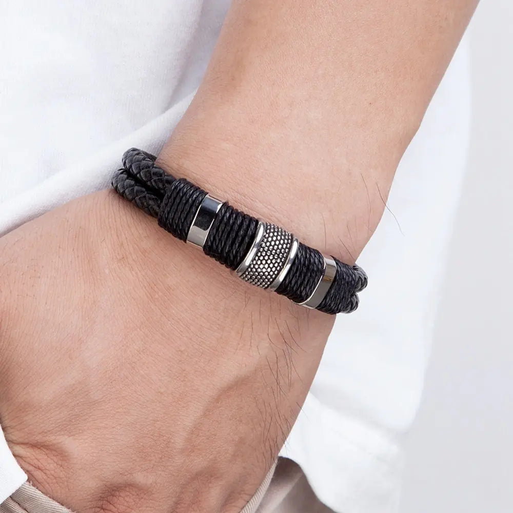 Stainless Steel Men's Leather Bracelet