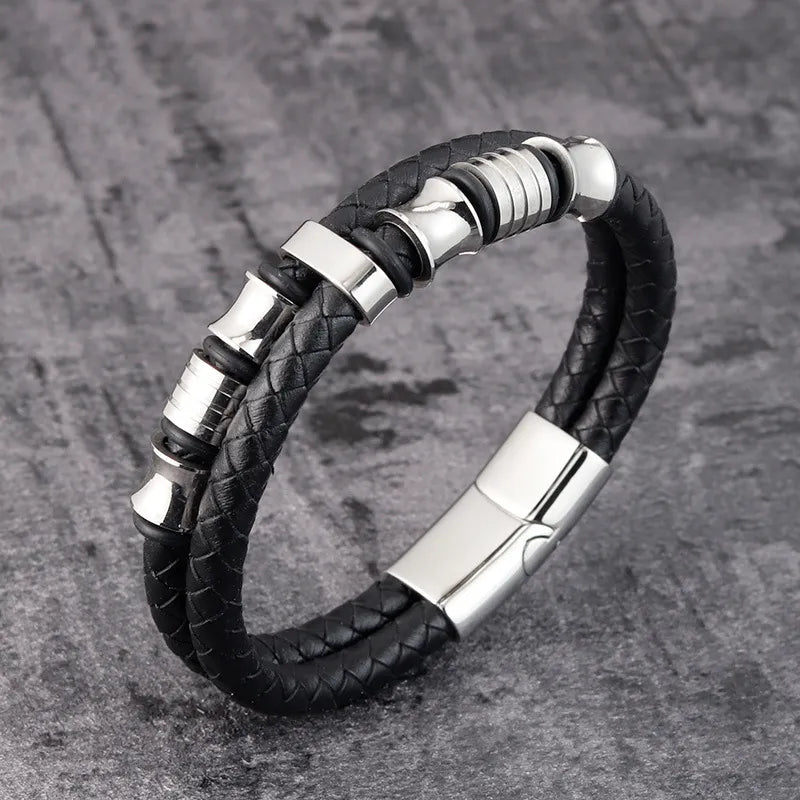 Stainless Steel Leather Braided Bracelet